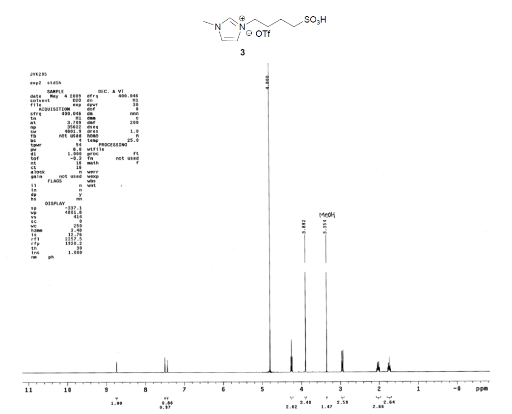 1-丁基磺酸-3-甲基咪唑三氟甲烷磺酸盐,BSO3HMImOTf,657414-80-7,1-butylsulfonic-3-methylimidazolium trifluoromethanesulfonate,NMR,H谱,D2O