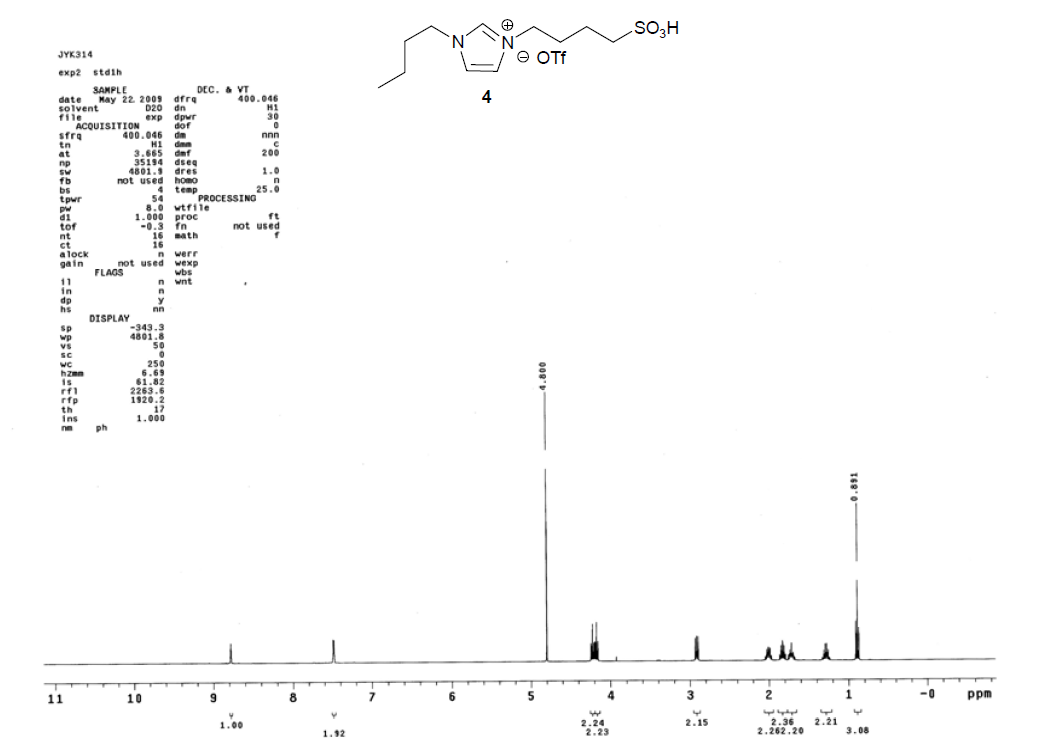 1-丁基磺酸-3-丁基咪唑三氟甲烷磺酸盐,BSO3HBImOTf,439937-63-0,1-sulfobutyl-3-butylimidazolium trifluoromethanesulfonate,NMR,H谱,D2O